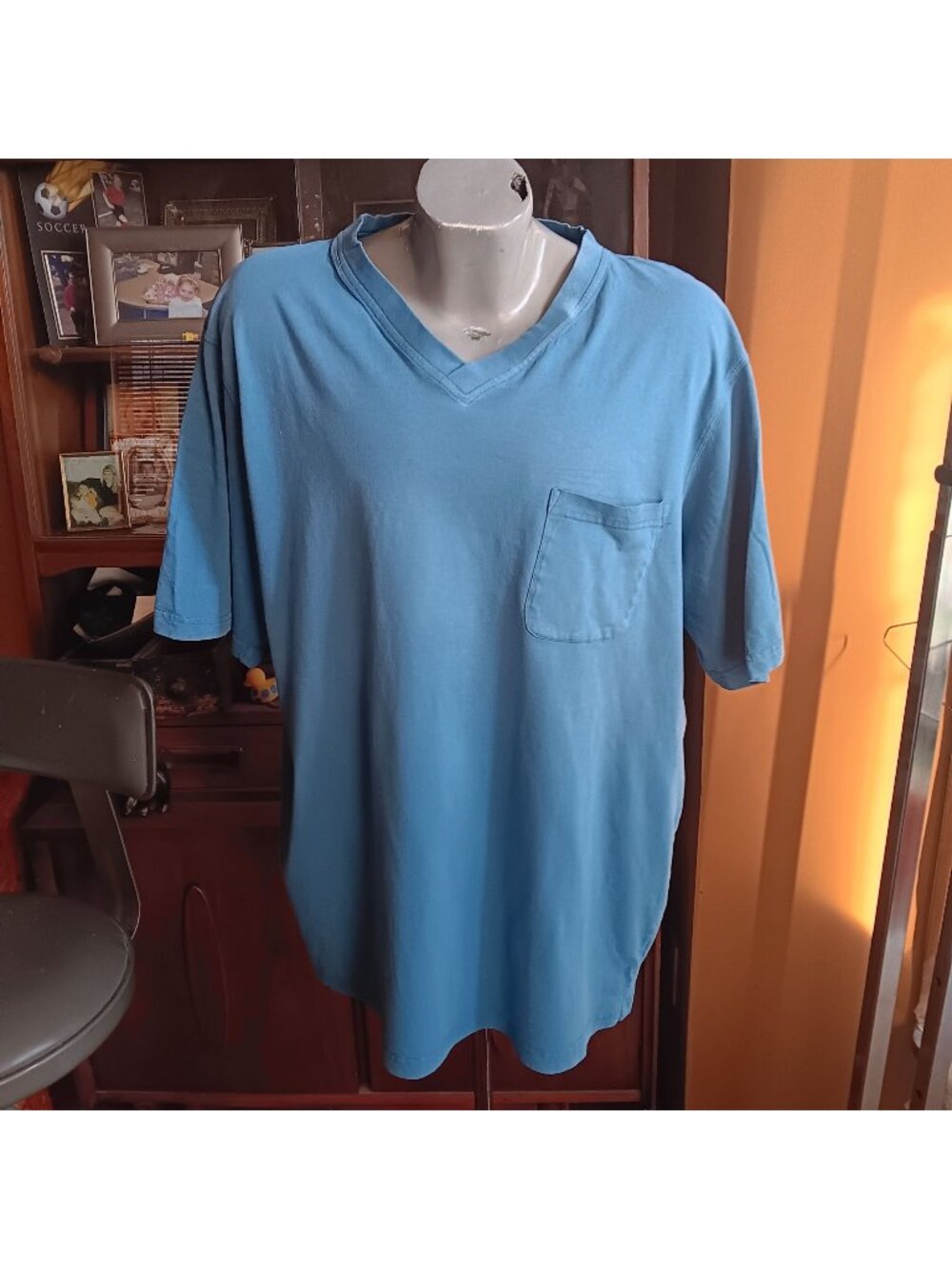Vintage T-shirt XXL 90's Blue V-Neck Pocket Cotton Pakistan Grunge Fade Punk